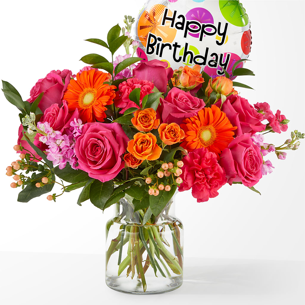 Fiesta Bouquet with Birthday Balloon – Delhi Flowers, Delhi ON